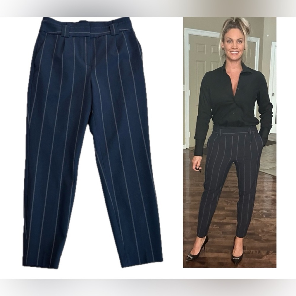 Express navy blue pinstripe tapered ankle length pants women's Sz 6 high-rise